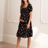 Ropa Premama Seraphine | Vestido Fruncido De Maternidad A Lactancia Con Estampado Floral Negro