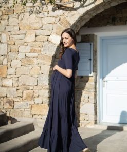 Ropa Premama Seraphine | Maxivestido Premama Y De Lactancia De Punto Azul Marino